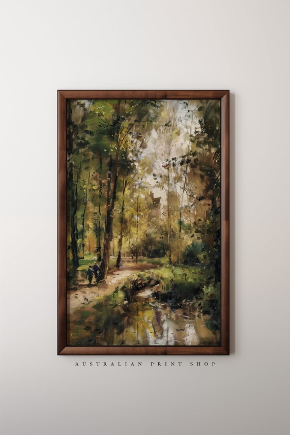 Vintage Countryside Stream Landscape Oil Painting Print Rustic Farmhouse Decor Summer Art Country Oil Print