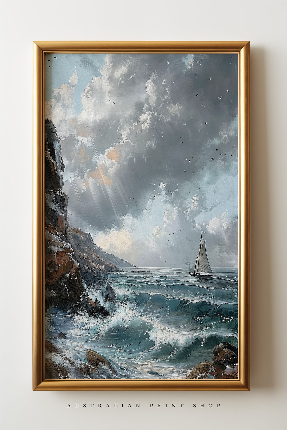 Vintage Ocean Oil Painting Muted Nautical Seascape Print Neutral Sailboat Ocean Art - Image 3