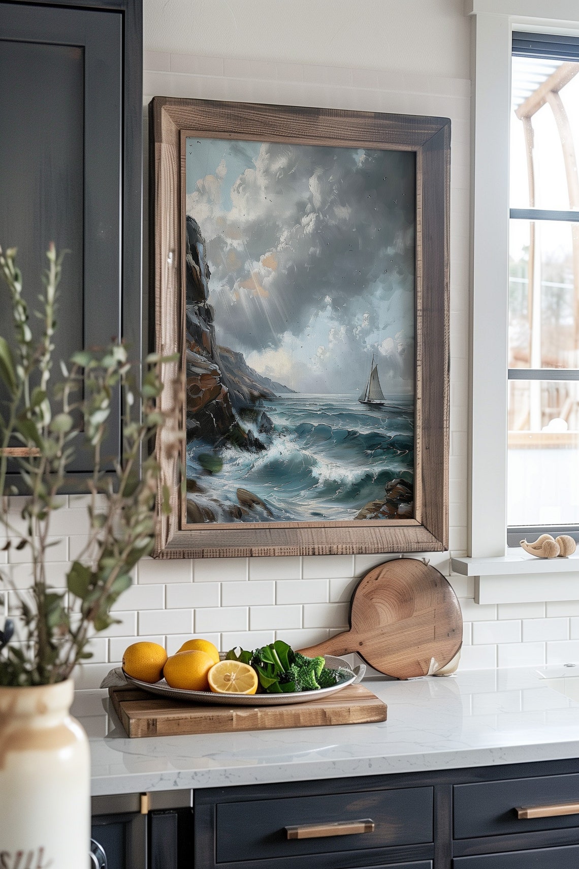 Vintage Ocean Oil Painting Muted Nautical Seascape Print Neutral Sailboat Ocean Art - Image 2