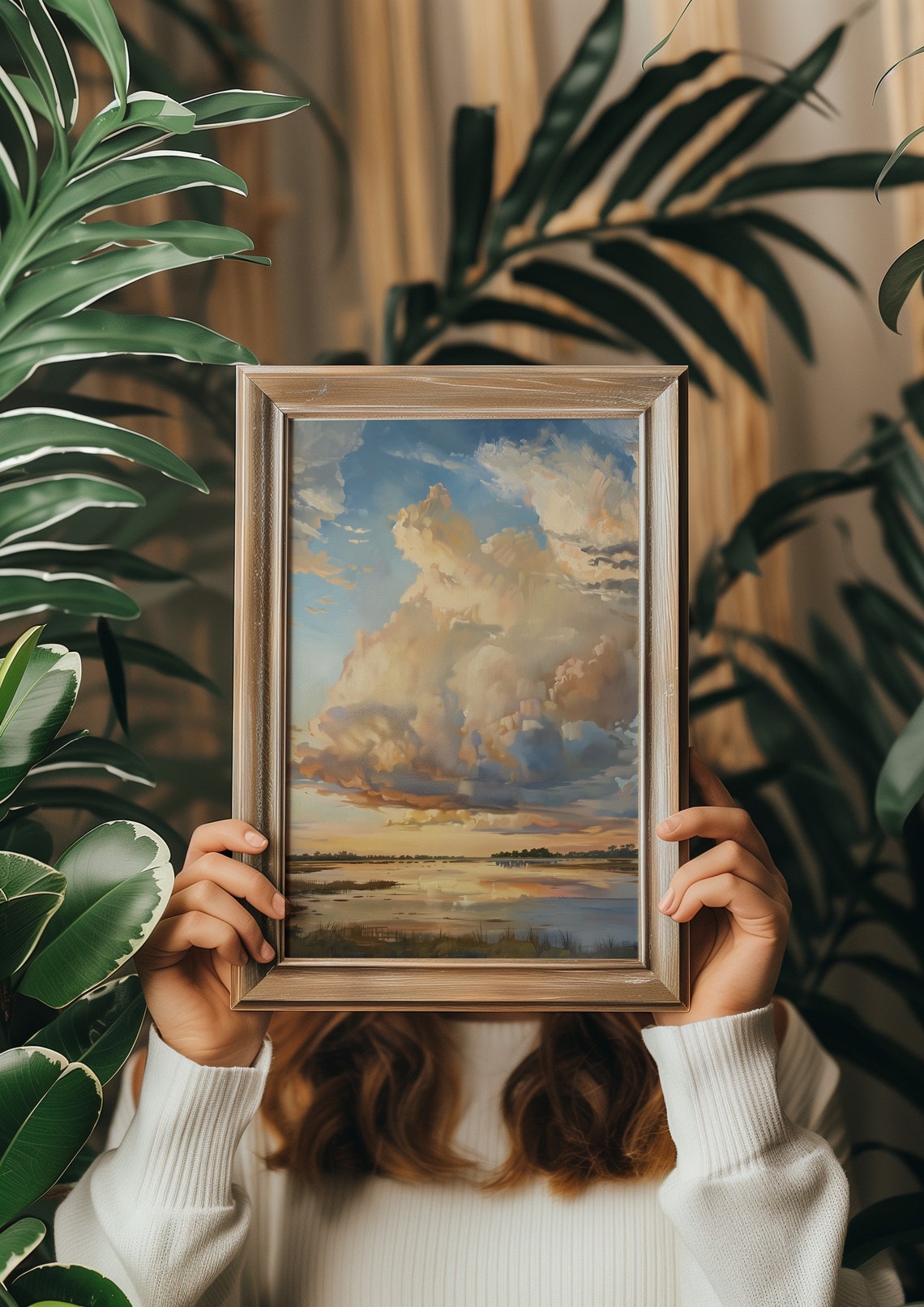 Cloudy Summer Sky Painting Neutral Farmhouse Decor Print Nursery Art Cloud Art Lake Sunset Print Summer Sunrise Artwork - Image 6