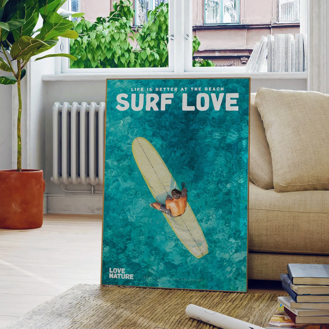 Surf Love Aerial Surfer On Longboard Clear Turquoise Sea Poster - Image 5