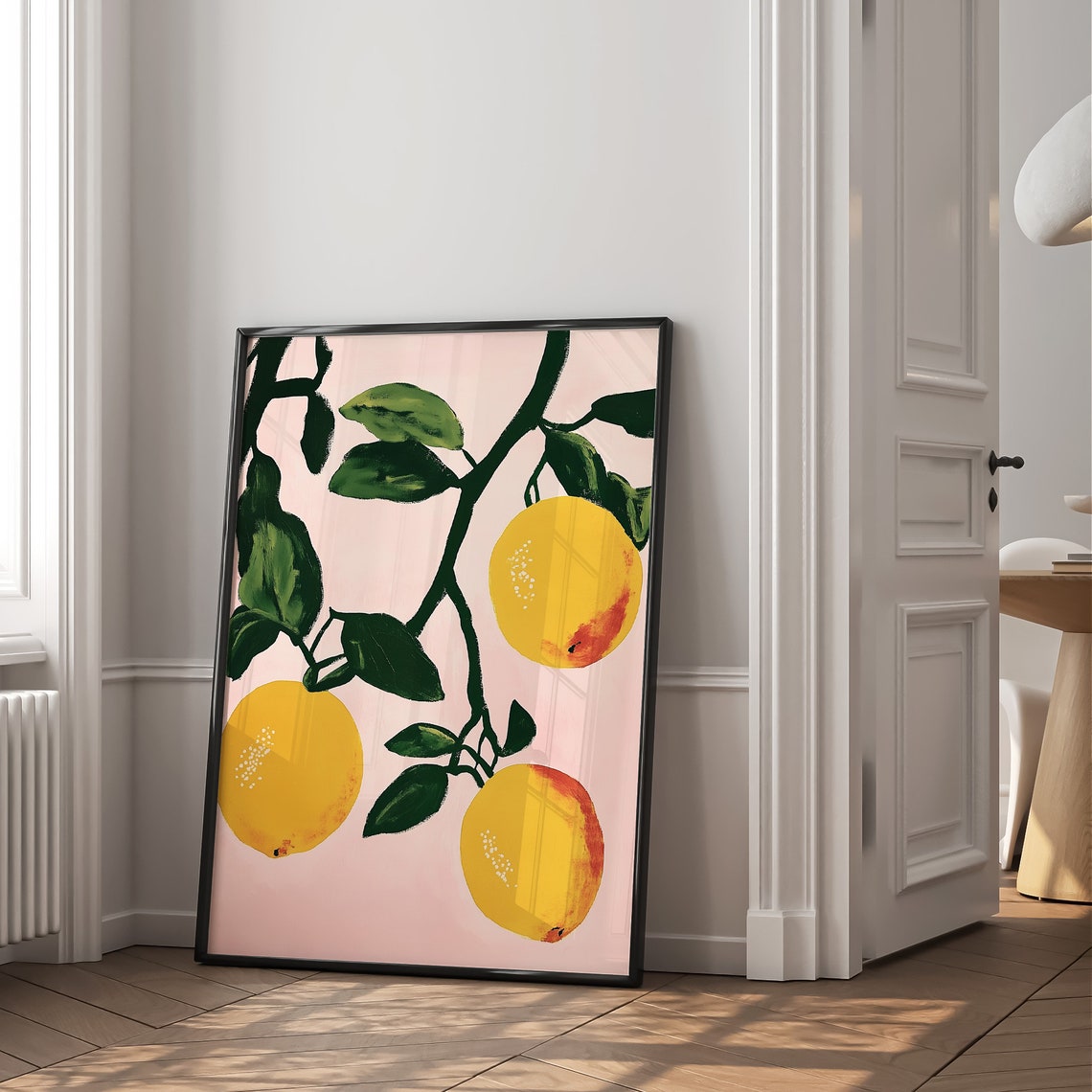 Three Lemons on Branch Pink Background Retro Kitchen Art Poster - Image 2