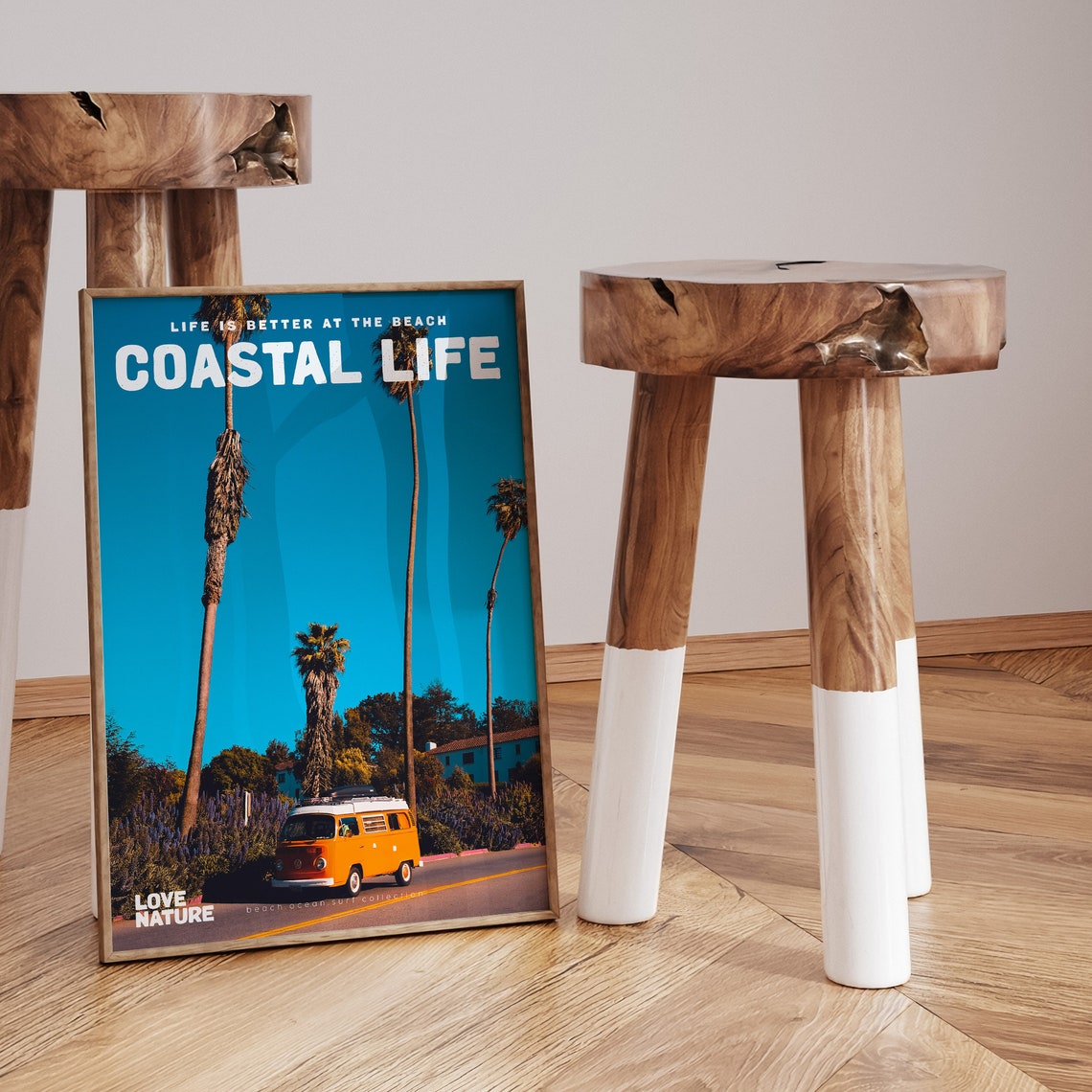 Coastal Life Vintage Van Palm Trees Blue Sky Road Trip Beach Poster - Image 3