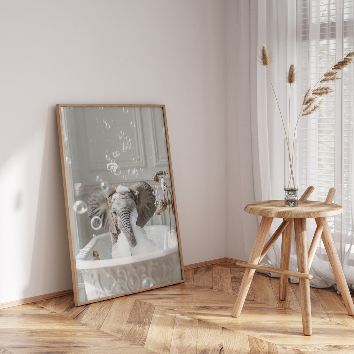 Baby Elephant Bathtub Bubbles Vintage Black White Bath Art Poster - Image 3
