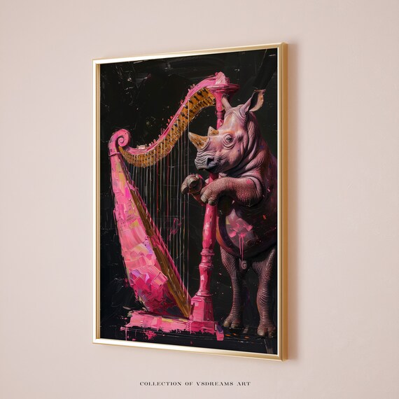 Rhino Playing Pink Harp Neon Splash Whimsical Orchestra Music Art Poster