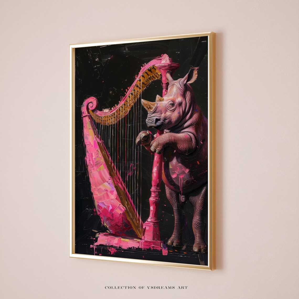 Rhino Playing Pink Harp Neon Splash Whimsical Orchestra Music Art Poster