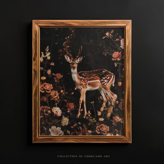 Botanical Deer Dark Cottagecore Art Moody Floral Painting Goth Wall Art Decor Fairycore Dark Academia Print Goblincore Art