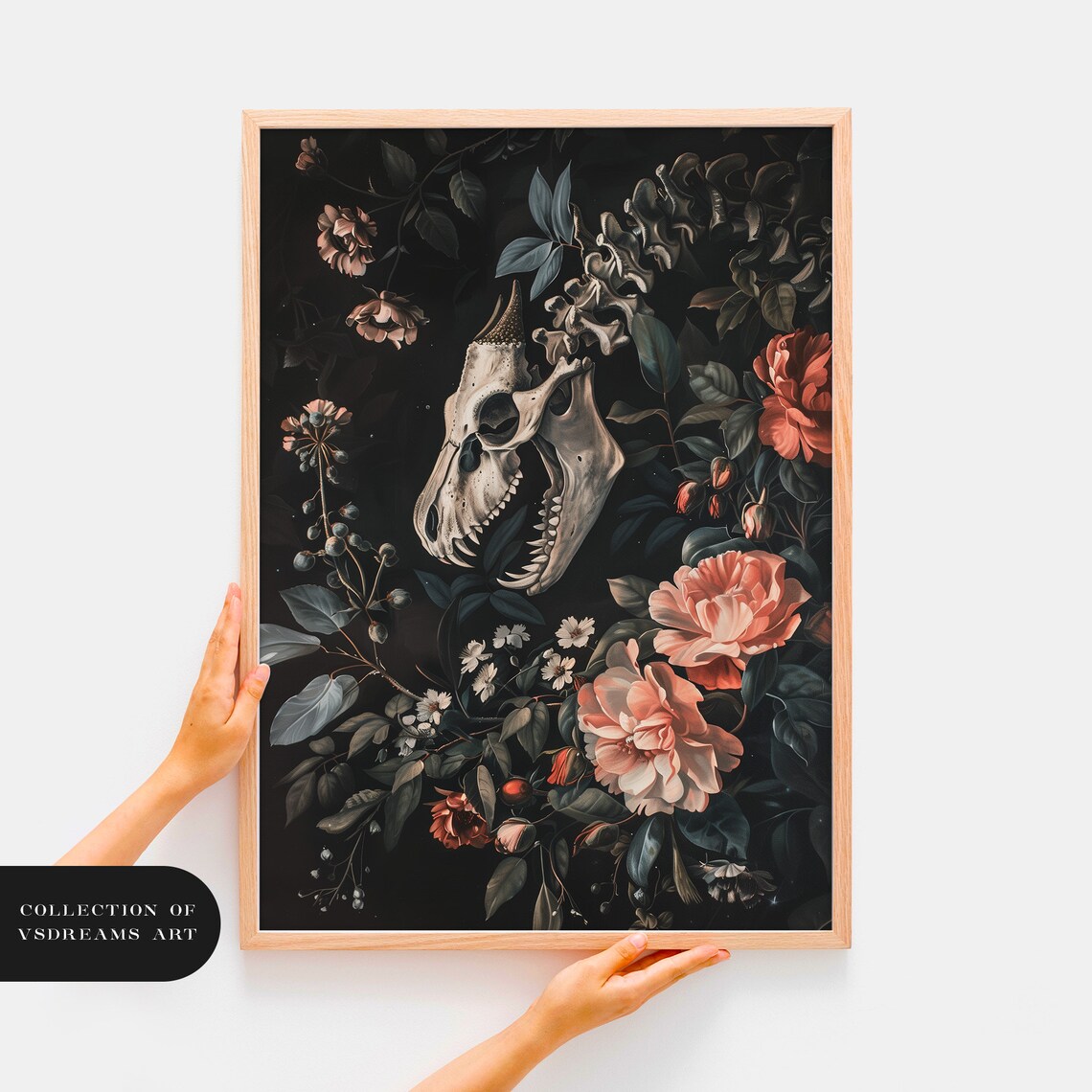 Gothic Dragon Skeleton Floral Art Print, Cottagecore - Image 2