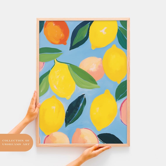 Bright Lemon And Citrus Fruit Oil Painting On Sky Blue Background Poster