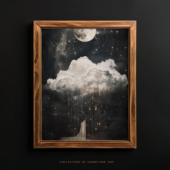 A Woman Looking At The Cloudy Sky On A Night With A Full Moon Dark Academia Prints Dark Moody Decor Gothic Full Moon Starry Sky Painting