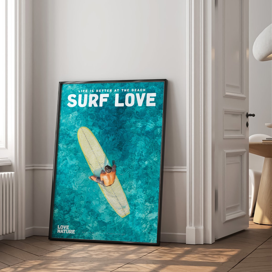 Surf Love Aerial Surfer On Longboard Clear Turquoise Sea Poster - Image 2