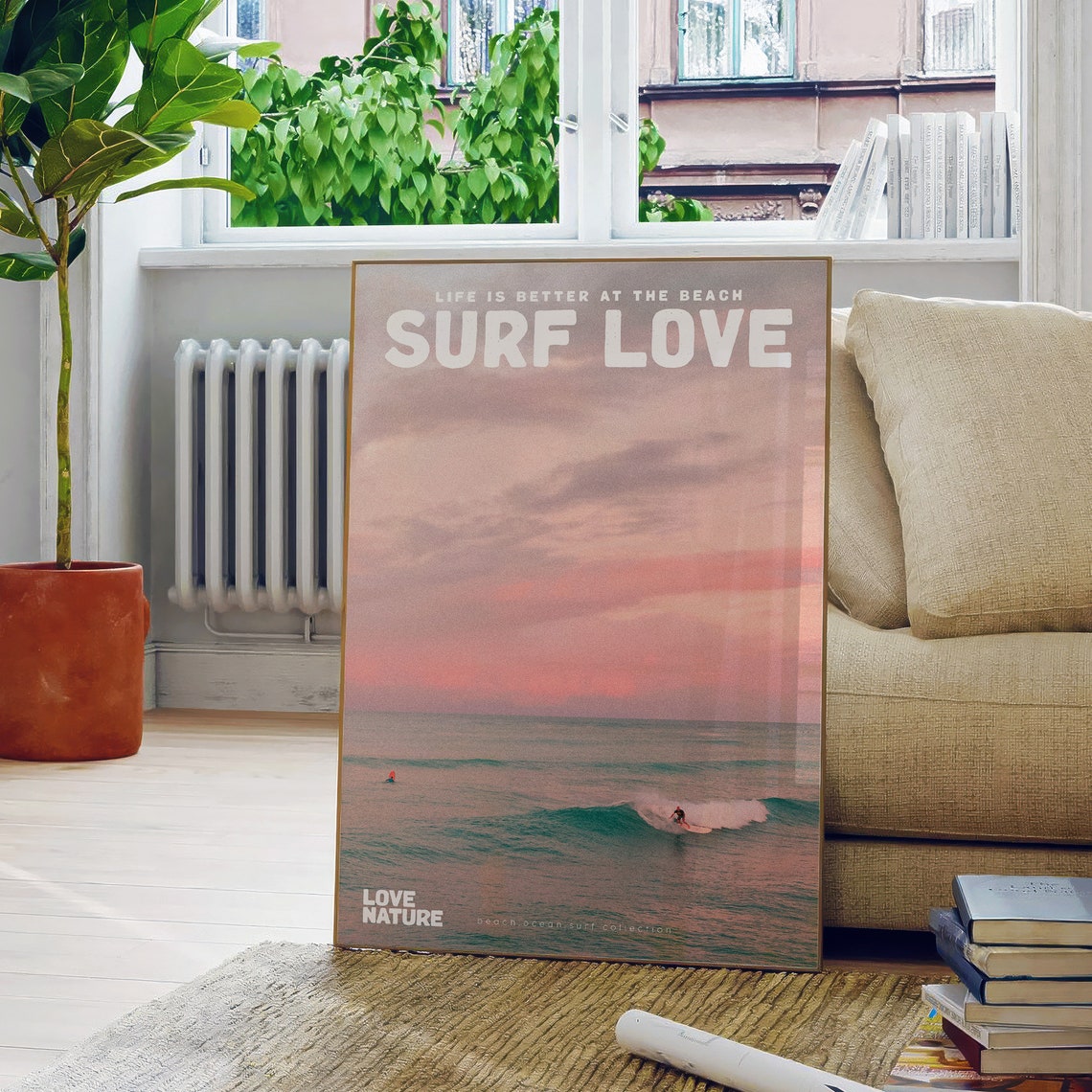 Surf Love Pink Sky Surfer Riding Wave Ocean Sunset Beach Poster - Image 5