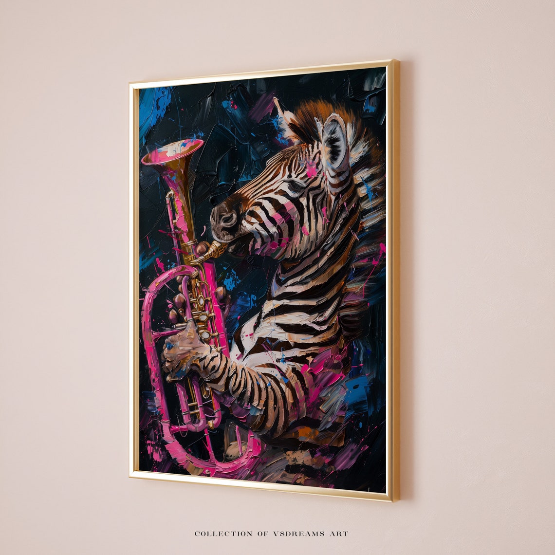 Zebra Playing Pink Trumpet Neon Splash Bold Jazz Music Animal Poster