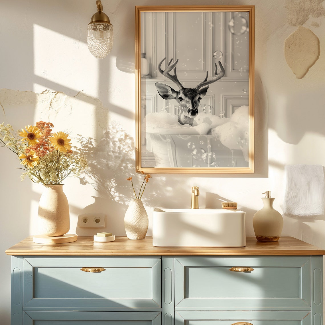 Black and White Deer Buck Bubble Bath Monochrome Bathroom Art Poster - Image 4