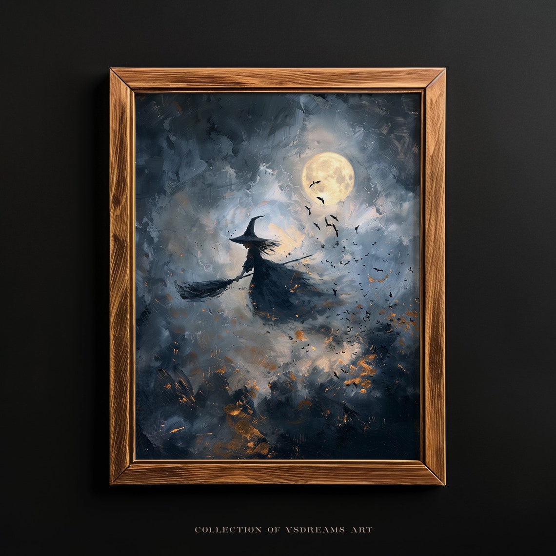 Witch Riding Broom Golden Moon Dark Cloudy Night Flight Poster