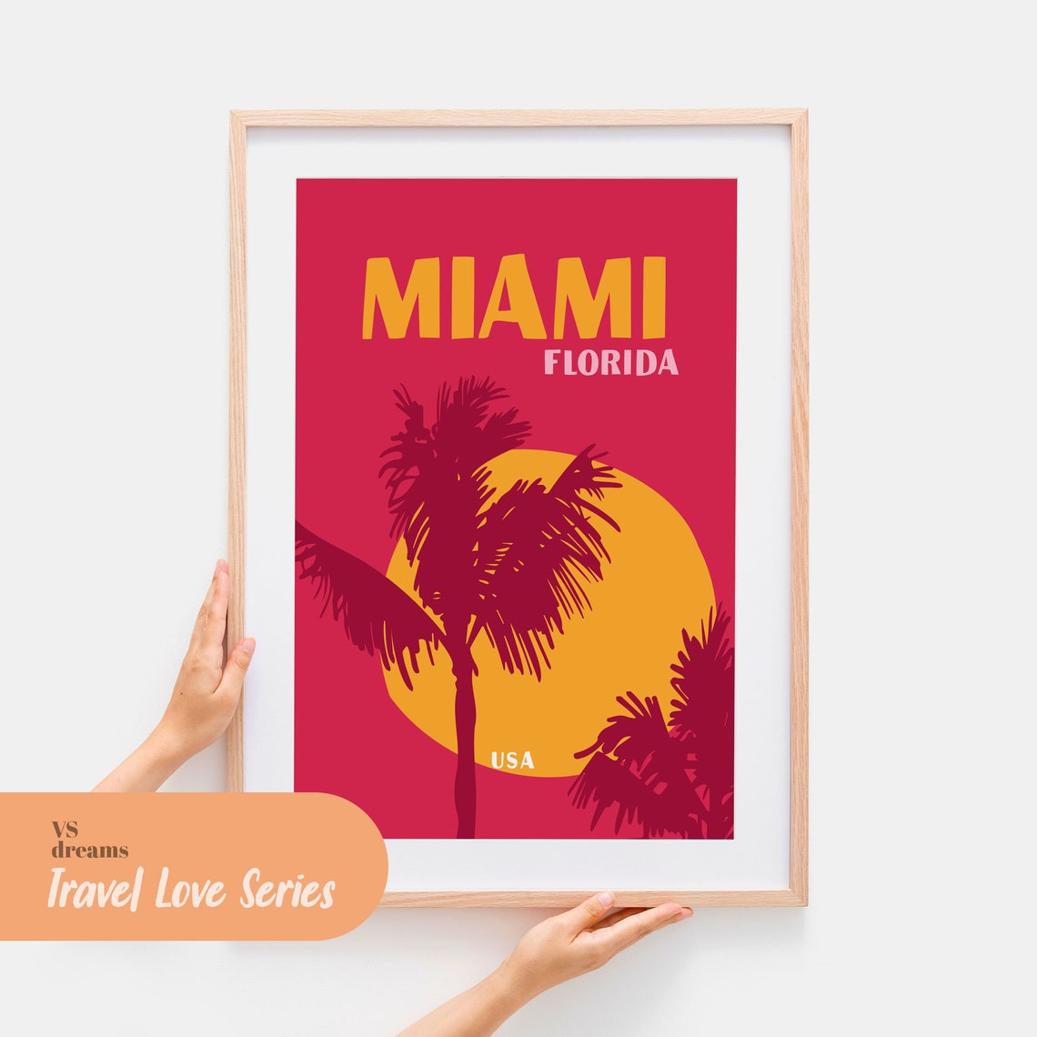 Miami Florida USA Red Sunset Palm Tree Silhouette Tropical Art Poster