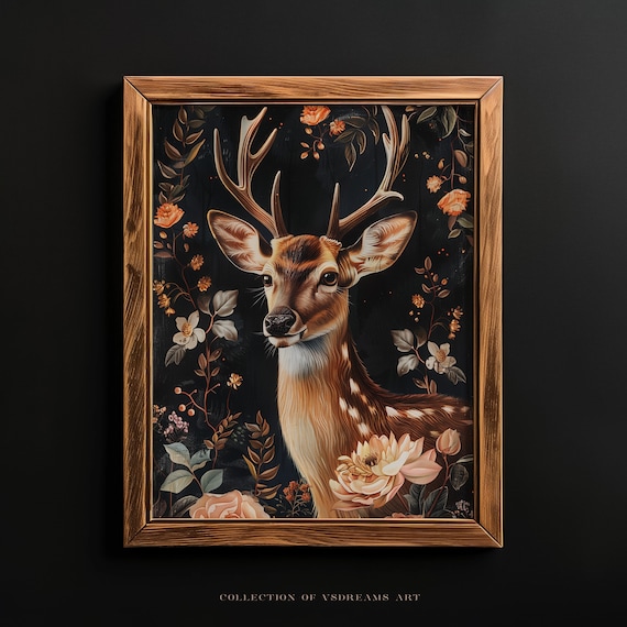Deer Stag Dark Floral Botanical Gothic Cottagecore Painting Poster