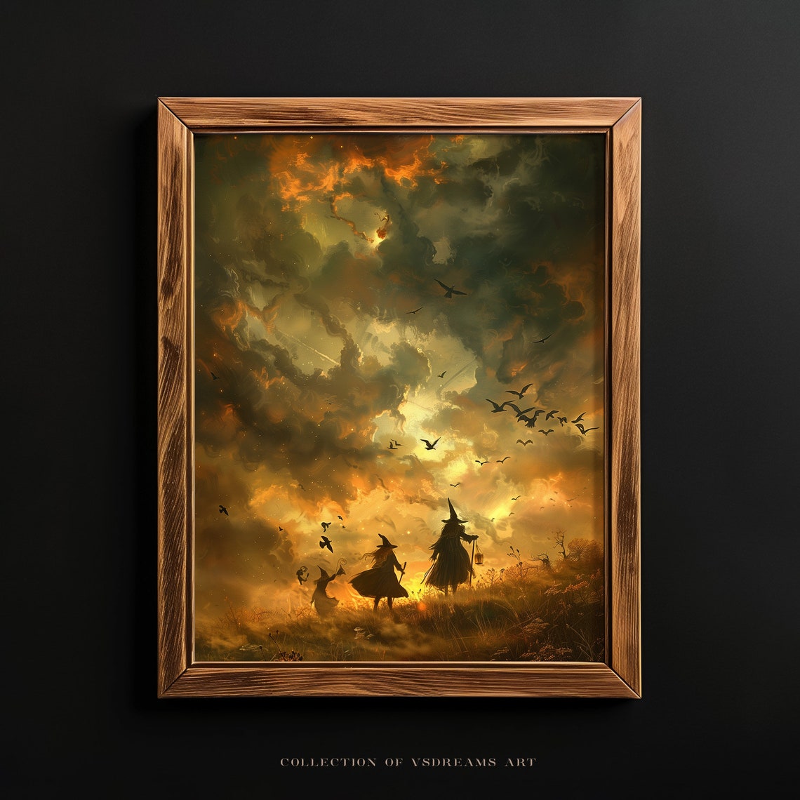 Witches Walking Golden Field Fiery Sky Fantasy Artwork Poster