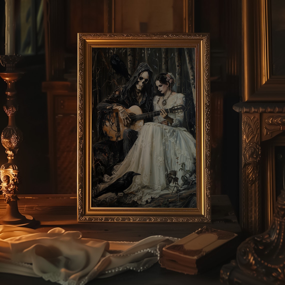 Skeleton Guitar Serenade White Gown Gothic Dark Forest Poster - Image 3