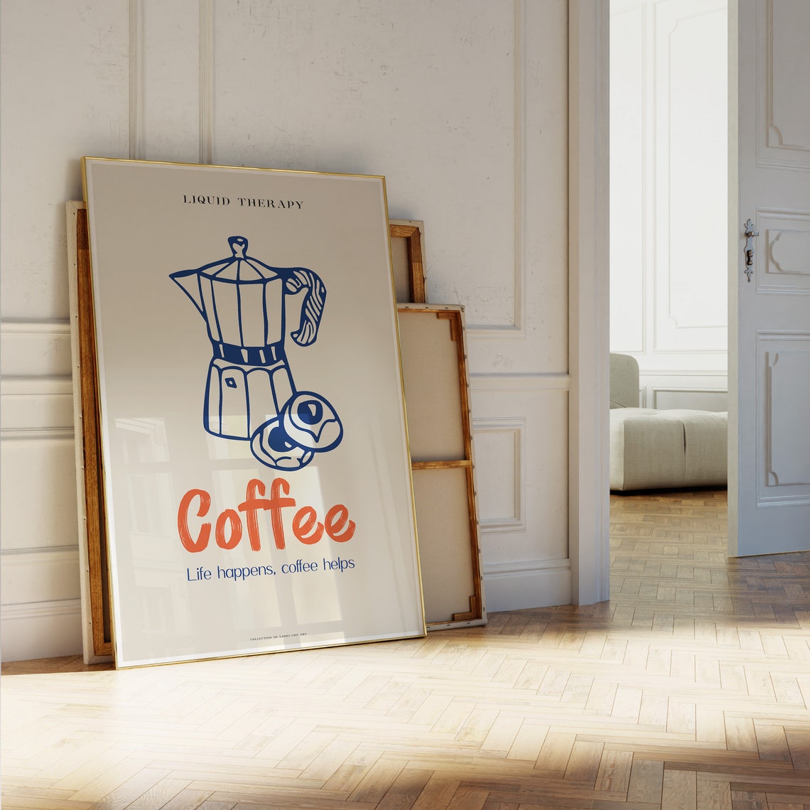 Coffee Moka Pot Liquid Therapy Navy Line Art Modern Kitchen Poster - Image 5