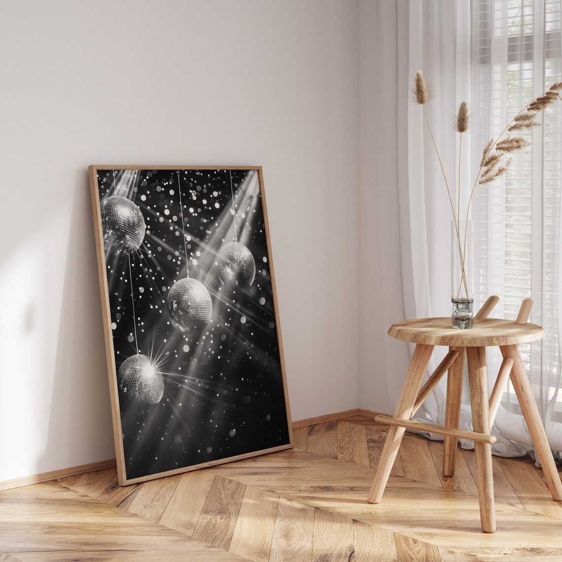 Silver Disco Ball Minimalist White Retro Sparkle Party Decor Poster - Image 3