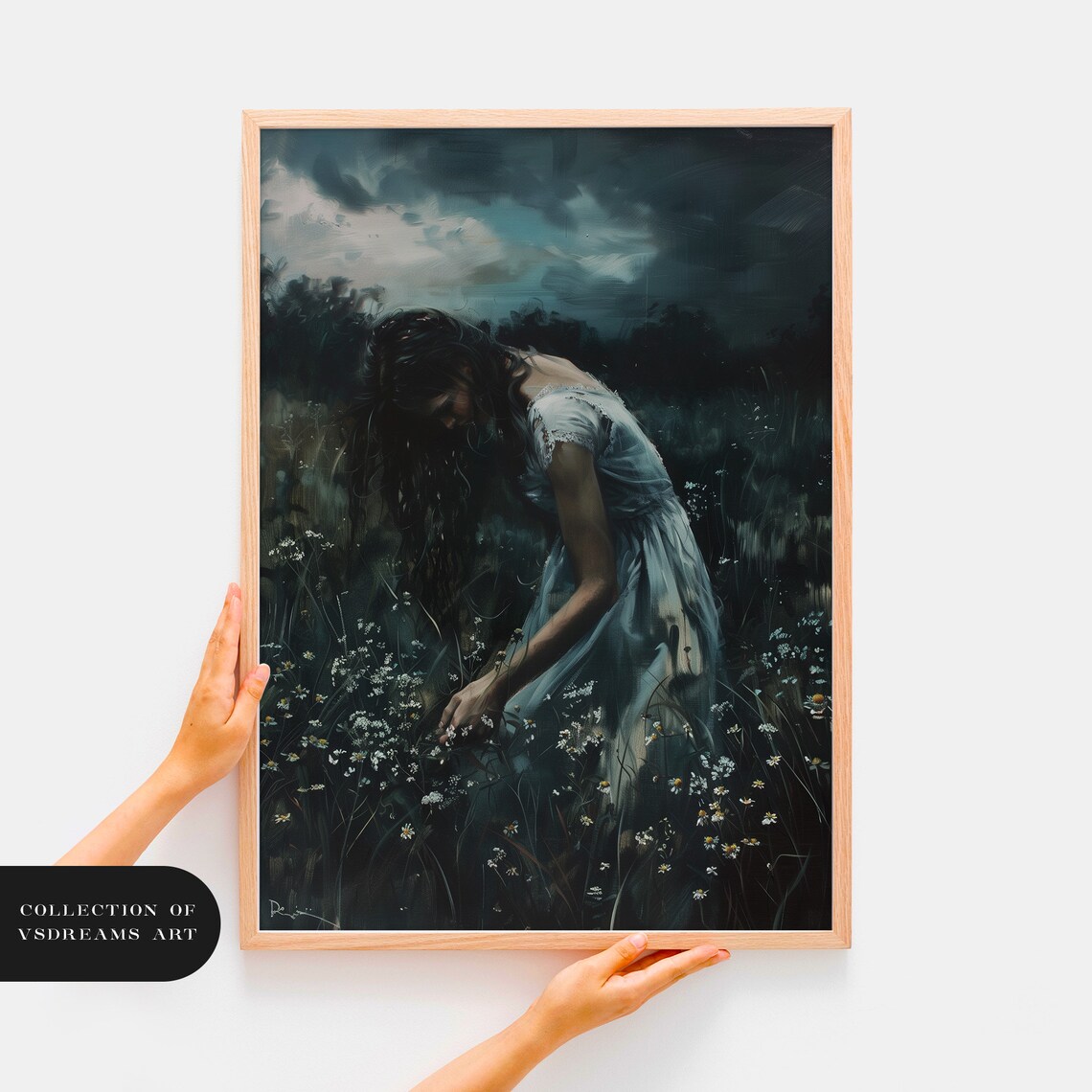 Girl Picking Meadow Flowers Dark Cottagecore Dusk Painting Poster - Image 3