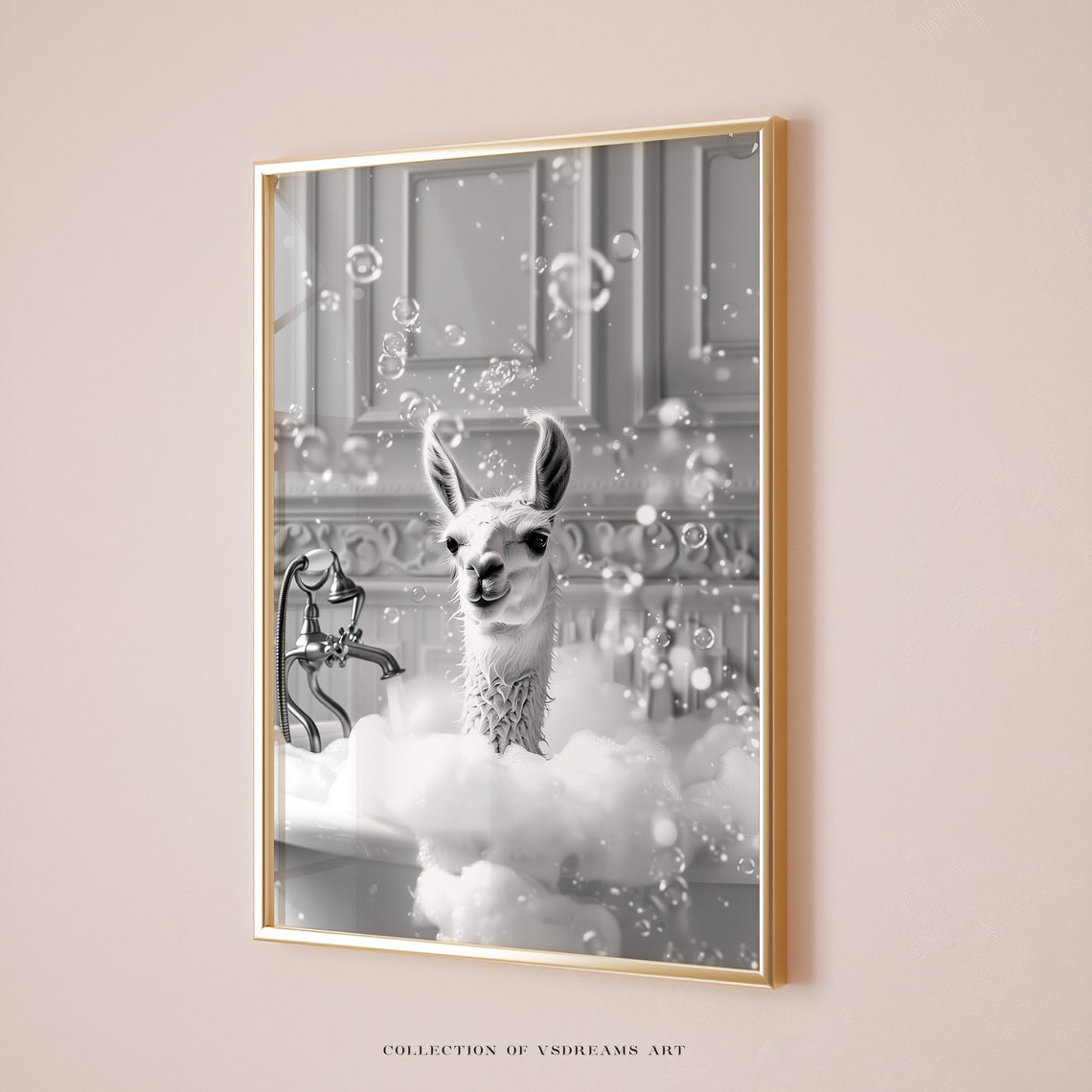 Llama Bubble Bath Black and White Funny Animal Gold Frame Art Poster