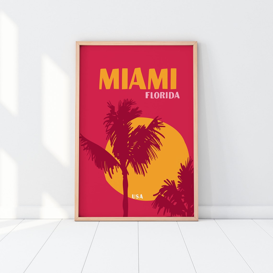 Miami Florida USA Red Sunset Palm Tree Silhouette Tropical Art Poster - Image 3
