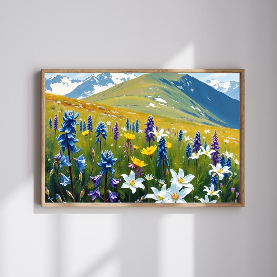 Blue Delphinium Mountain Meadow Snow Peak Wildflower Alpine Art Poster