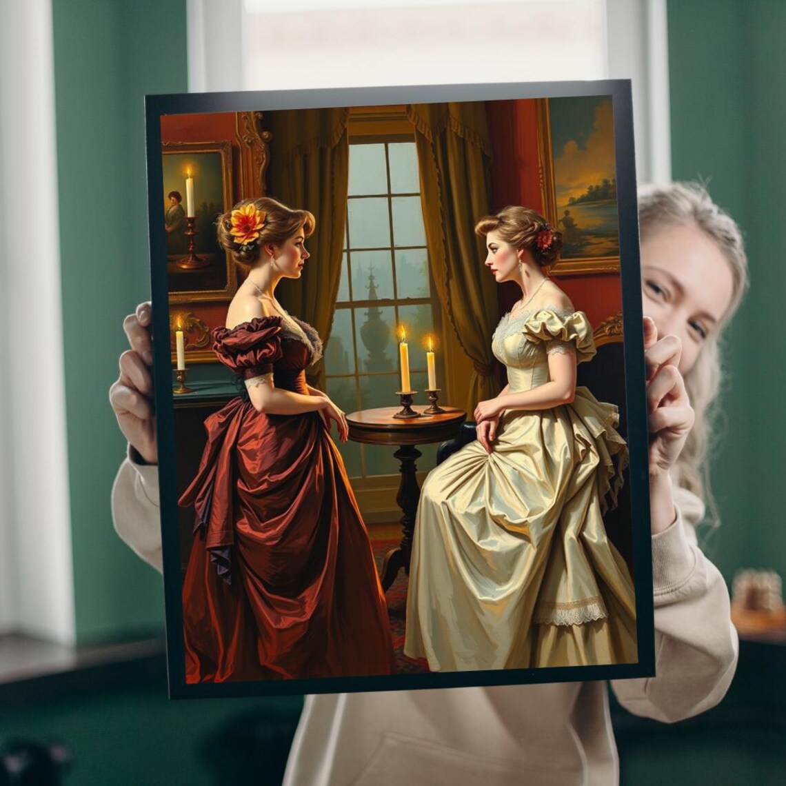 Victorian Women Candlelit Parlor Evening Conversation Puzzle Art Poster