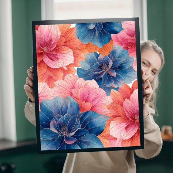 Vibrant Pink Blue Floral Blossom Colorful Botanical Flower Wall Poster
