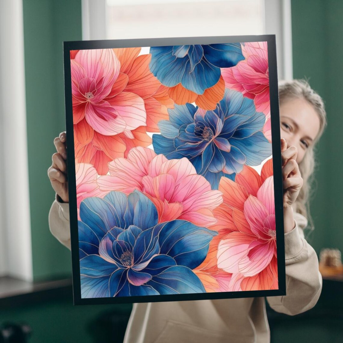 Vibrant Pink Blue Floral Blossom Colorful Botanical Flower Wall Poster