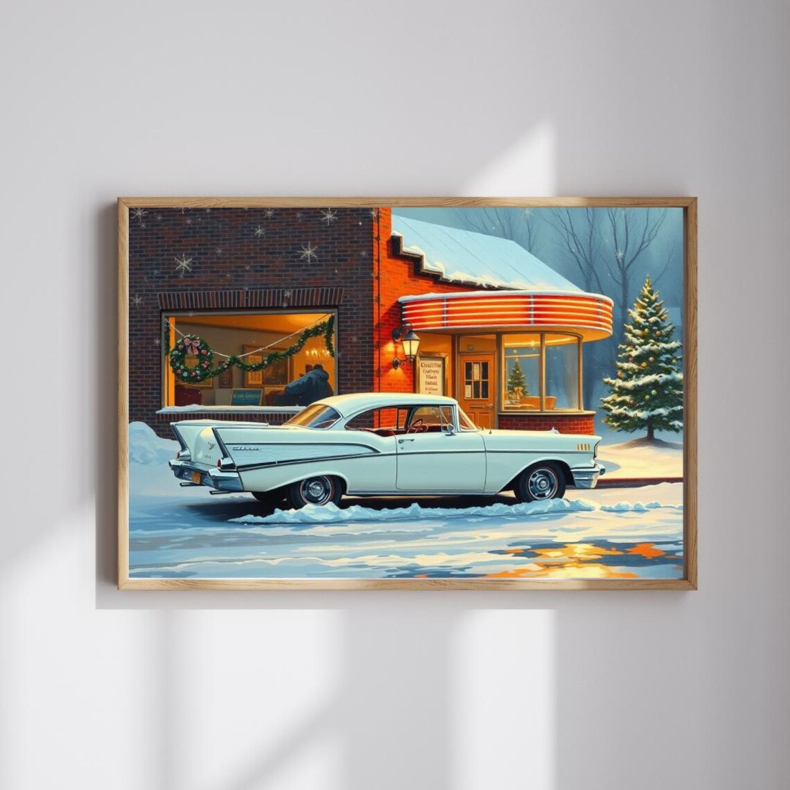 1957 Chevrolet Bel Air Snowy Diner Christmas Night Scene Art Print