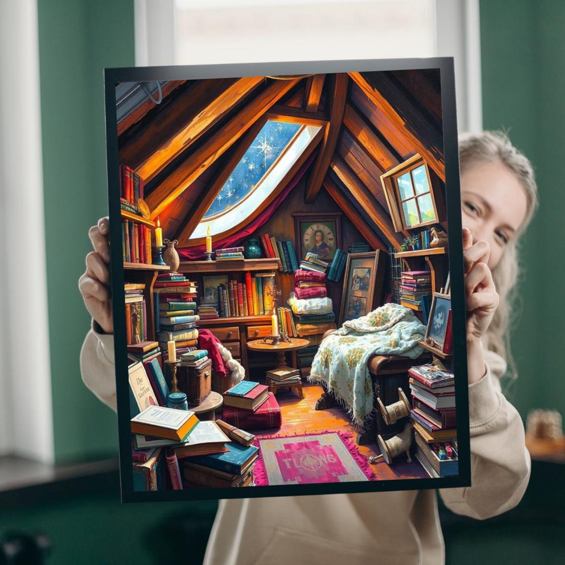 Cozy Attic Reading Nook Starry Skylight Books Library Poster