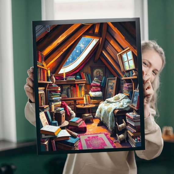Cozy Attic Reading Nook Starry Skylight Books Library Poster