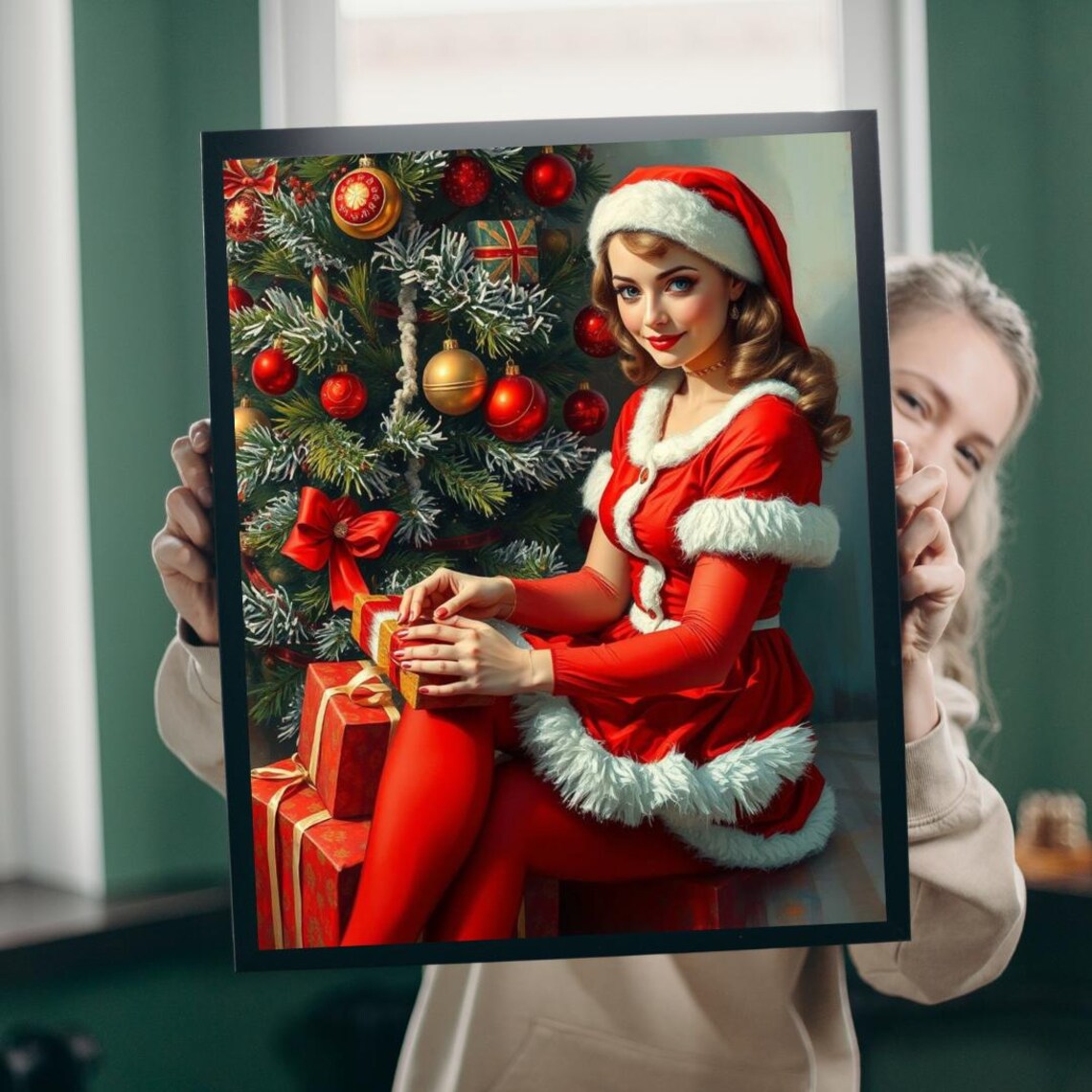 Vintage Mrs Claus Pin Up Girl Christmas Tree Holiday Art Poster
