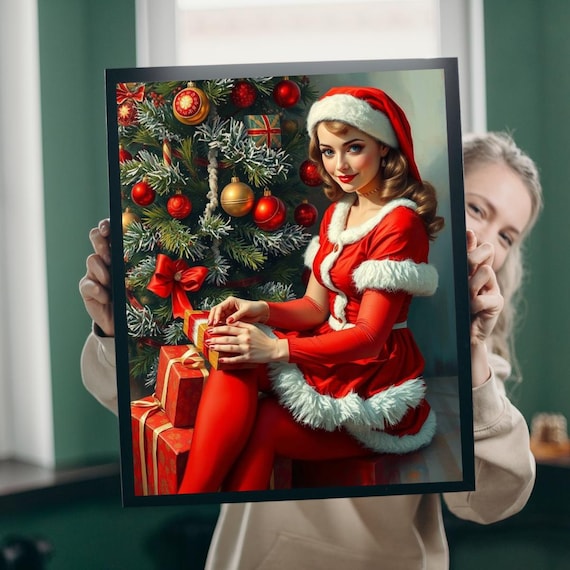 Vintage Mrs Claus Pin Up Girl Christmas Tree Holiday Art Poster