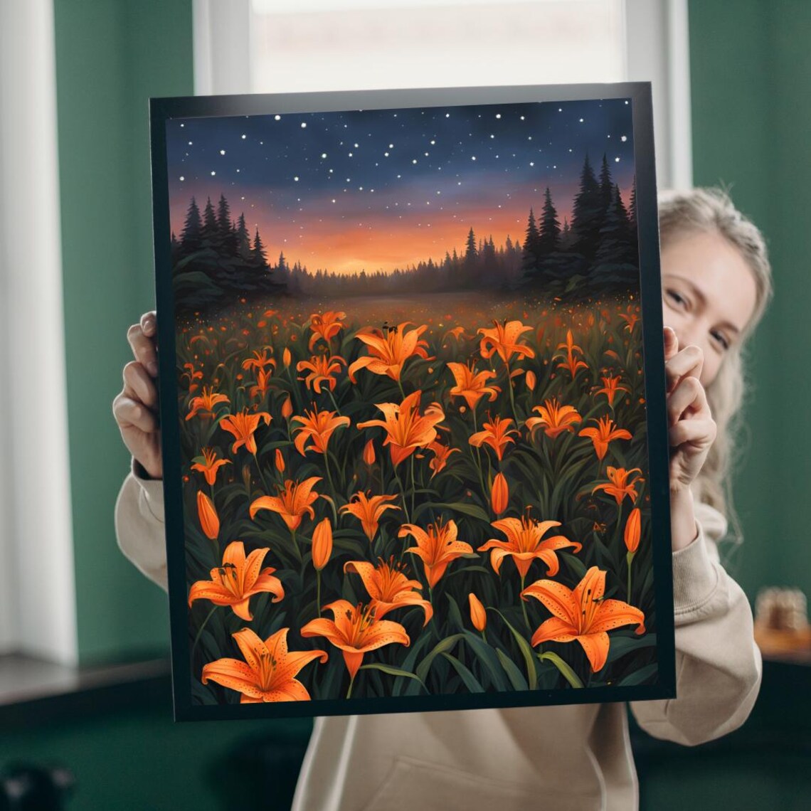 Orange Tiger Lilies Field Starry Night Twilight Floral Meadow Art Poster