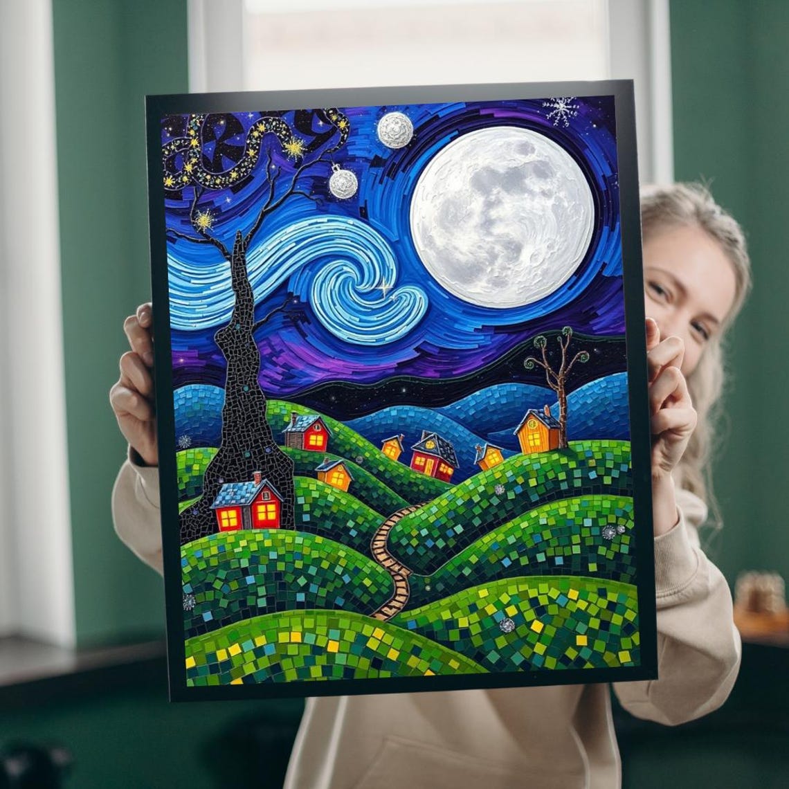Mosaic Moonlit Village Starry Night Swirling Sky Fantasy Poster