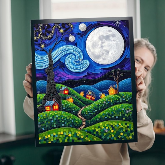 Mosaic Moonlit Village Starry Night Swirling Sky Fantasy Poster