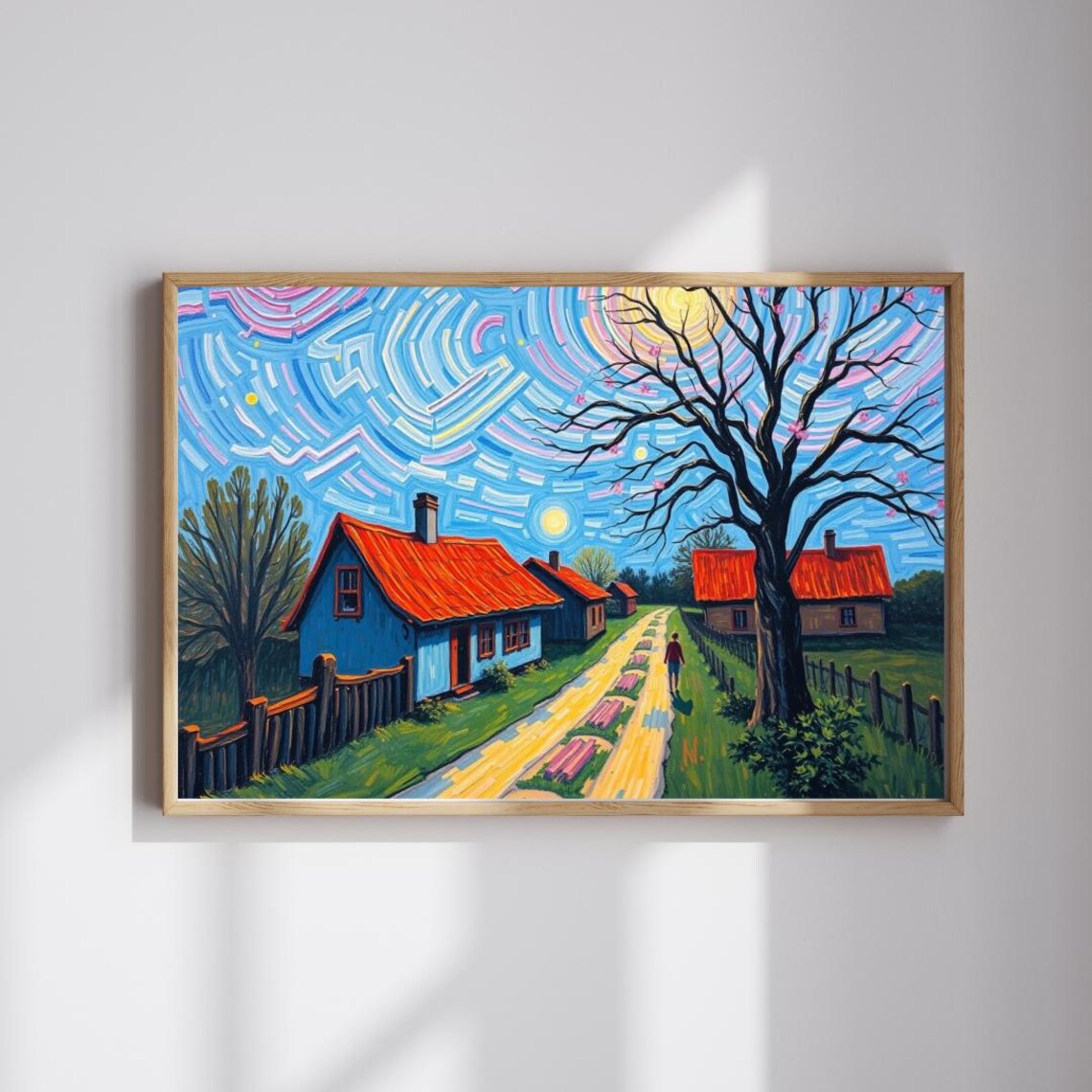 Starry Village Street Red Roof Houses Night Sky Poster Painting