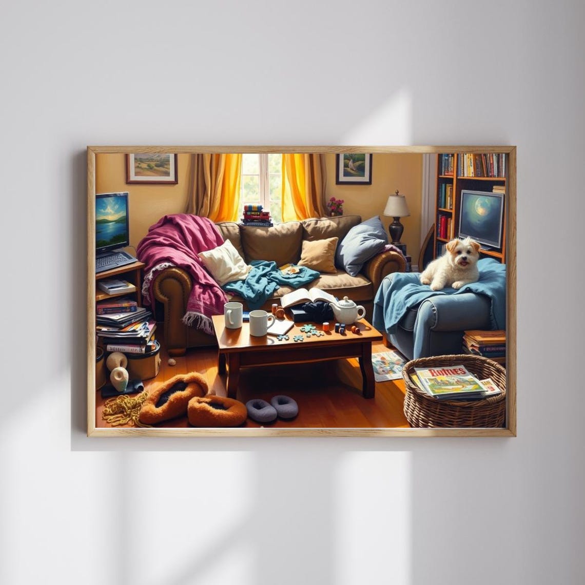 Cozy Messy Living Room Puppy Armchair Books Tea Puzzle Poster