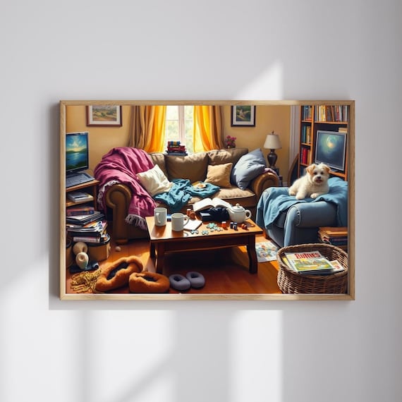 Cozy Messy Living Room Puppy Armchair Books Tea Puzzle Poster