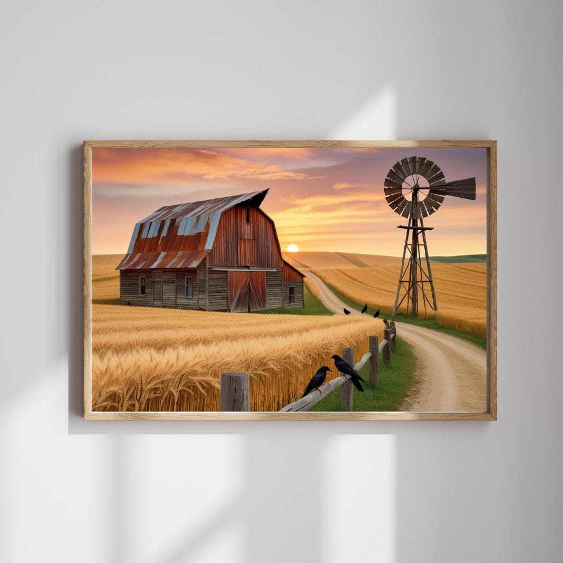 Rustic Red Barn Windmill Wheat Field Sunset Crows Farm Puzzle Poster