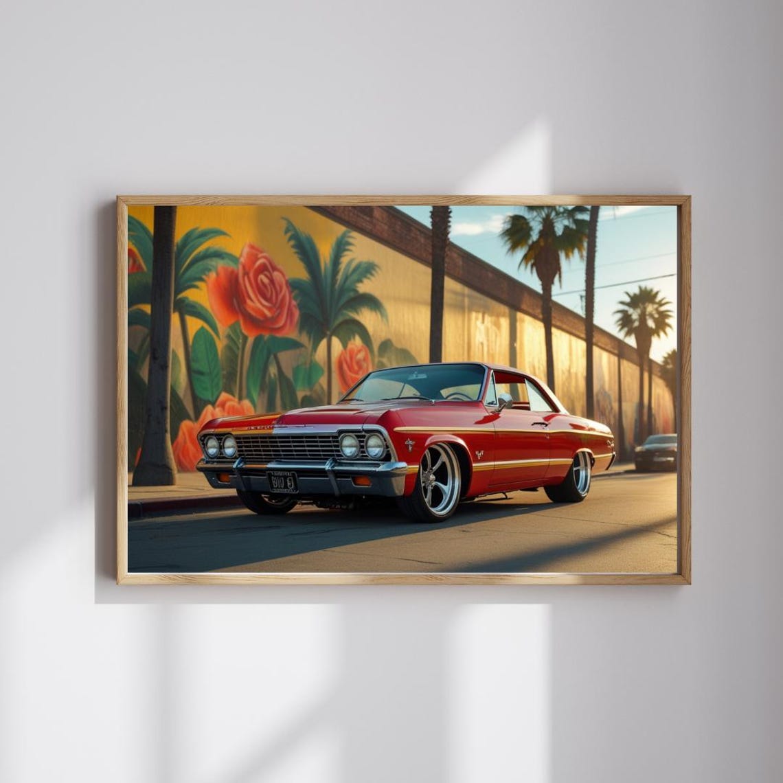 Red Classic Impala Lowrider Rose Mural Palm Street Automotive Poster