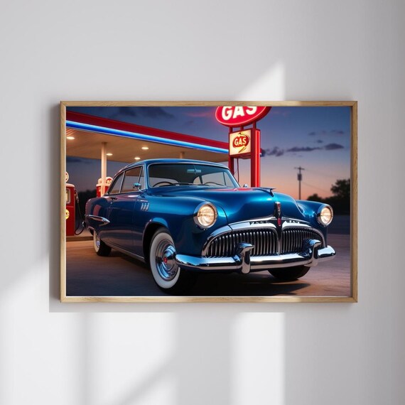 1958 Packard Hawk Blue Classic Coupe Retro Gas Station Dusk Poster