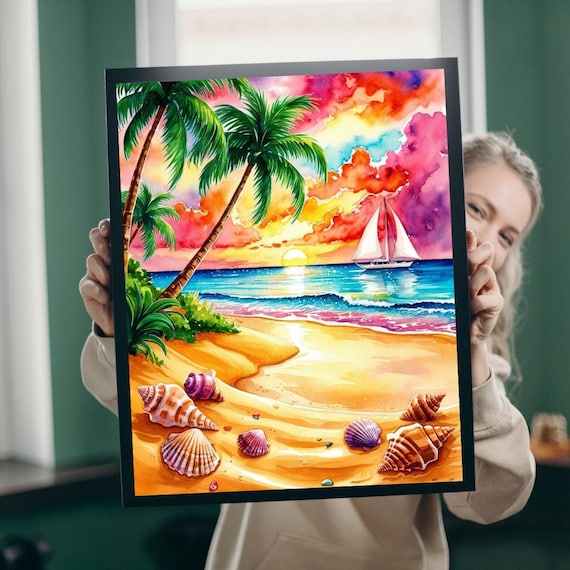 Tropical Beach Sunset Palm Sailboat Shells Watercolor Art Poster