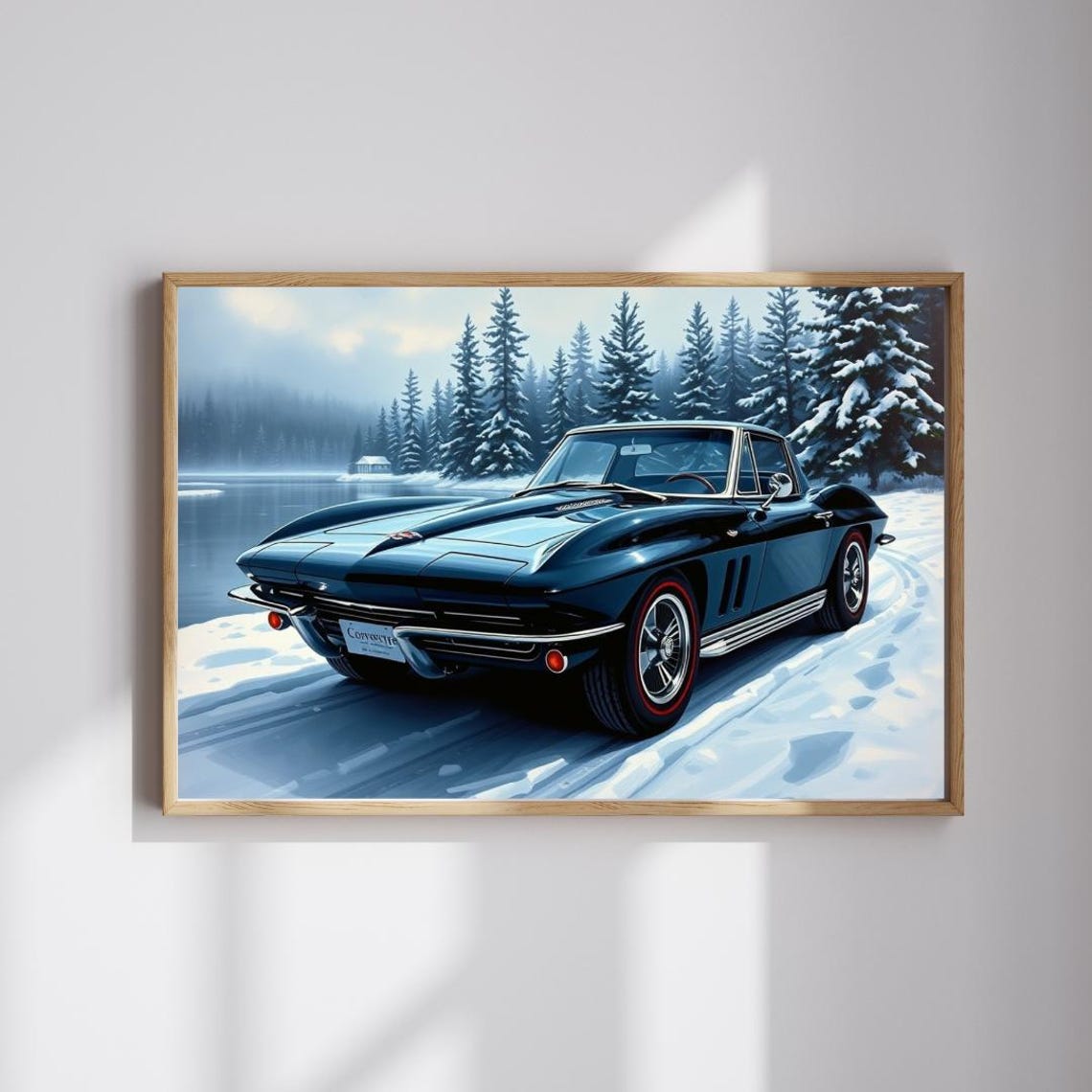 Black 1963 Corvette Sting Ray Snowy Winter Lake Scene Art Print