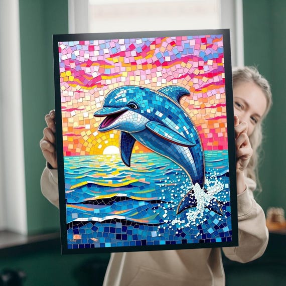 Iridescent Dolphin Mosaic Puzzle Artistic Ocean Sunset Jigsaw
