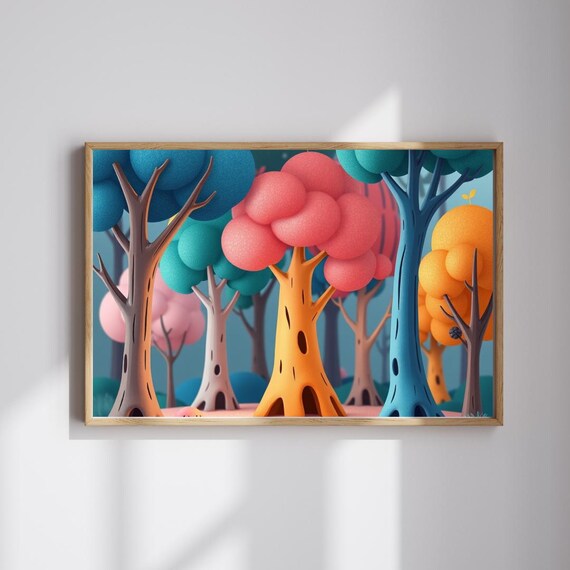 Playful Colorful Cartoon Forest Whimsical Trees Kids Room Modern Nursery Poster
